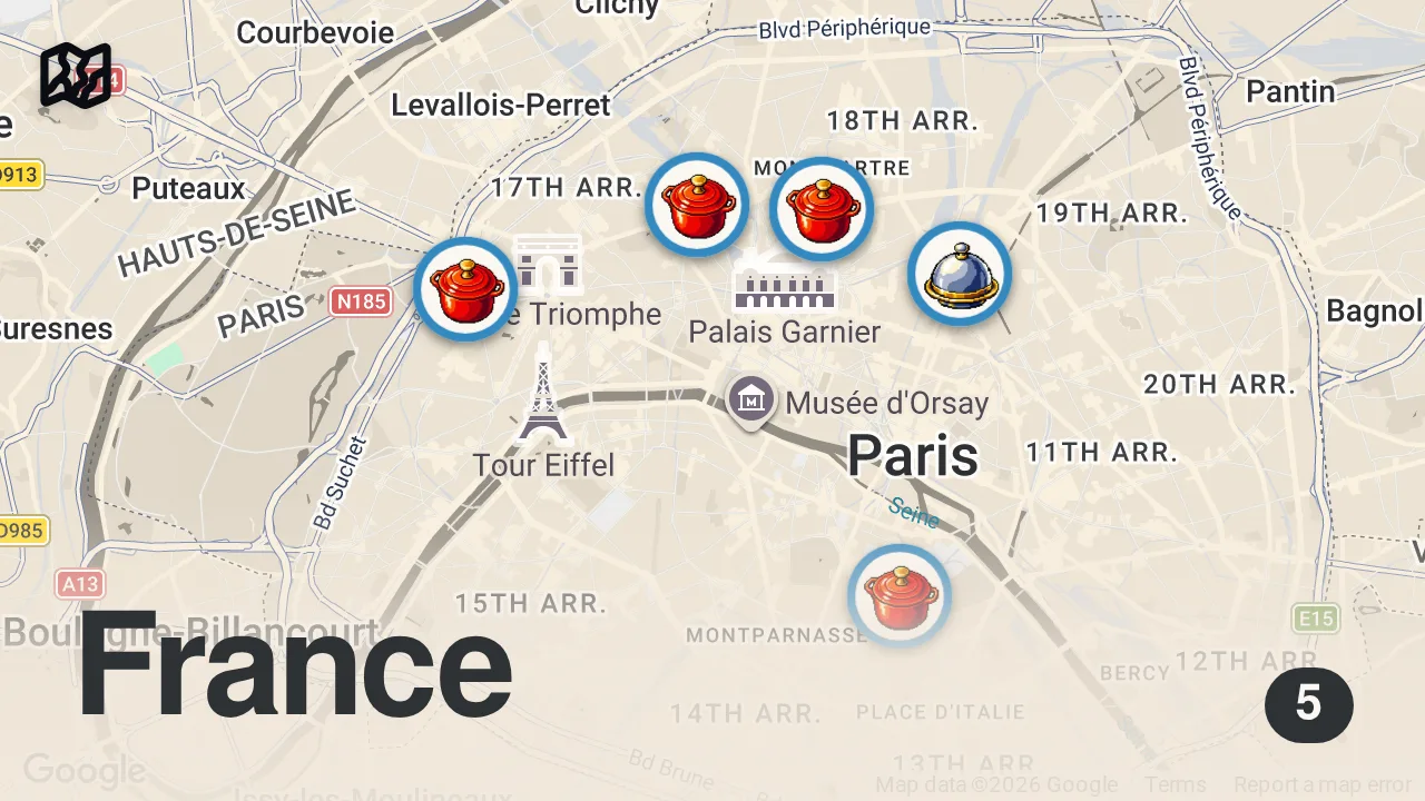 Map of 5 spots from Every Paris Restaurant Type Explained (by a Local)
