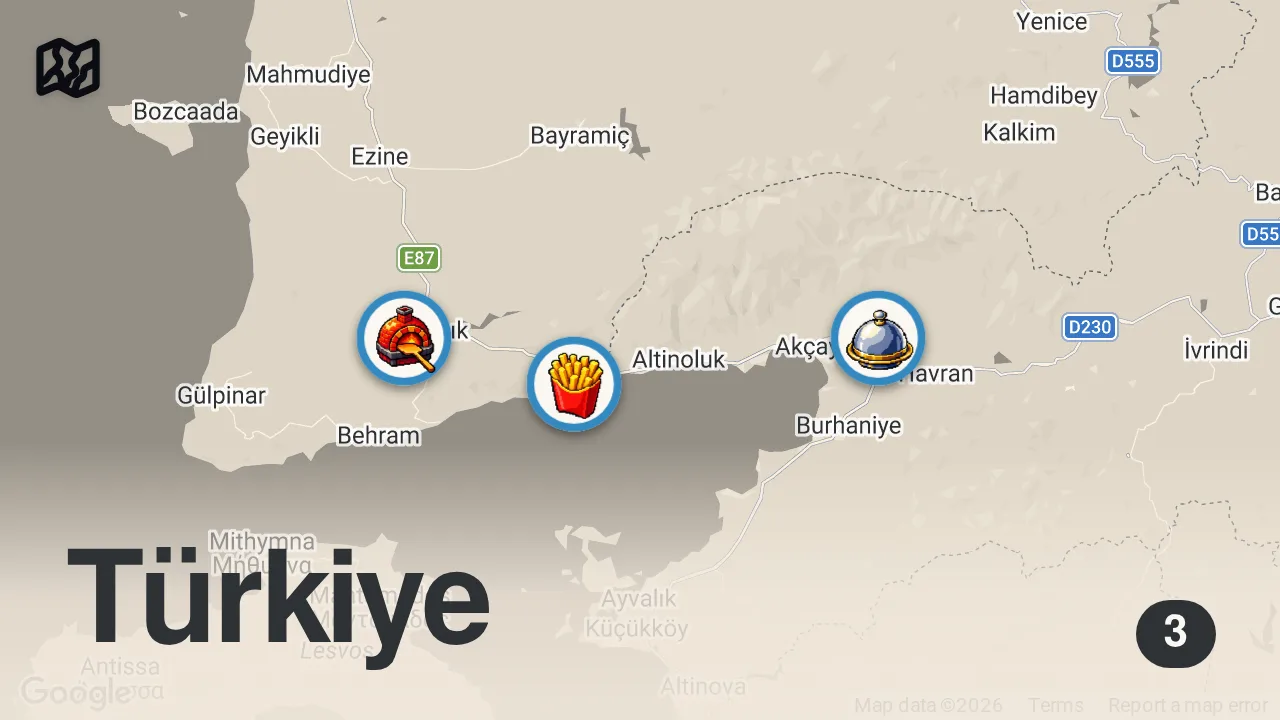 Map of 3 spots from KUZEY EGE YOLÜSTÜ LEZZETLERİ (Edremit, Küçükkuyu, Ayvacık’ta lezzet rotası) - Ayaküstü Lezzetler