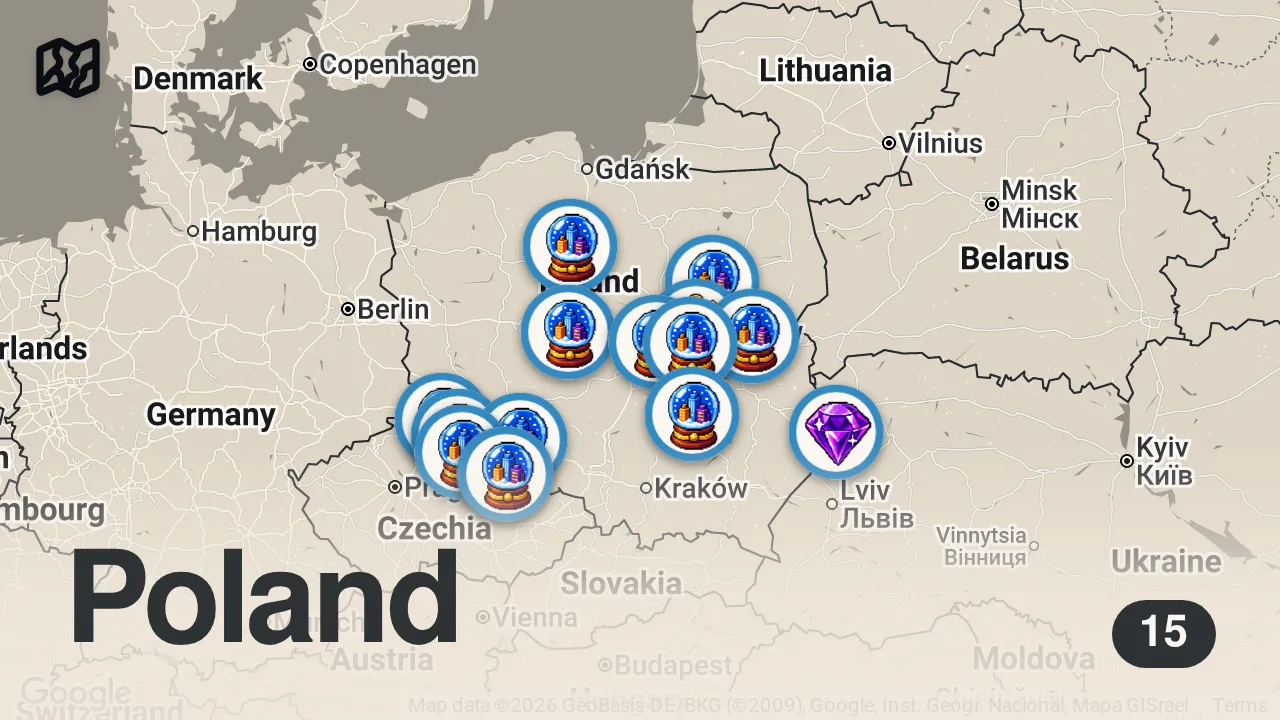 Map of 15 spots from 10 "SKAŻONYCH" miejsc w Polsce