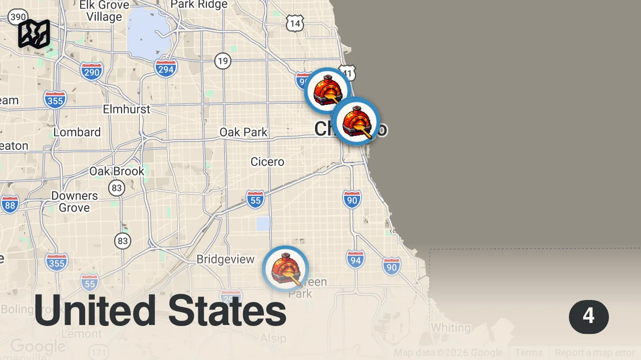 Map of 4 spots from Ultimate CHICAGO PIZZA TOUR!! 🍕 From Thin Crust to Deep Dish - Best Pizza Chicago!!