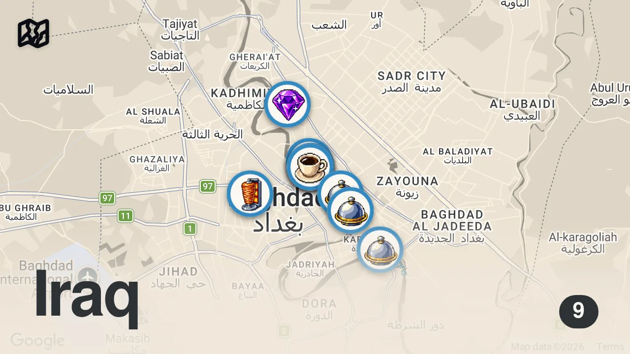 Map of 9 spots from Showing ANOTHER Side of Iraq!! (Street Food in Baghdad) 🇮🇶
