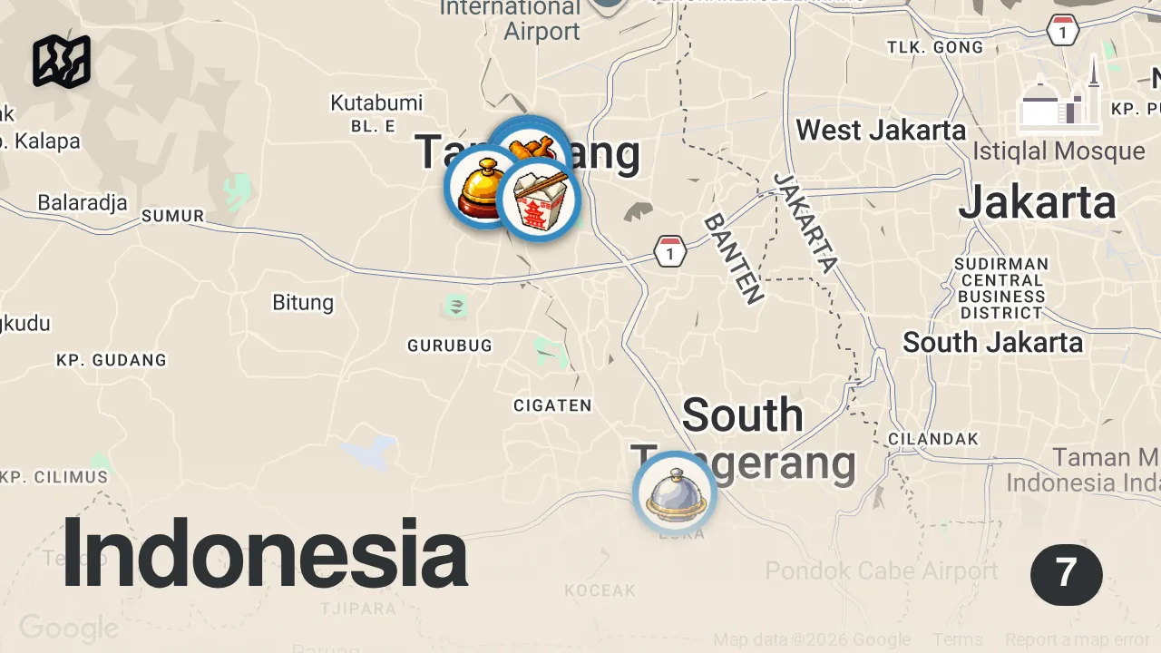 Map of 7 spots from INDONESIAN NIGHT STREET FOOD MARKET - Indonesian street food tour in Tangerang, Indonesia