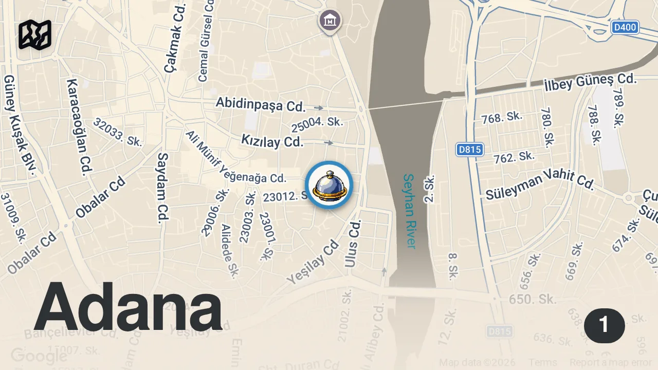 Map of 1 spot from Türkiye’nin en uygun esnaf lokantası Çukurova lokantası büyük saat civarı Adana. #reklam #food