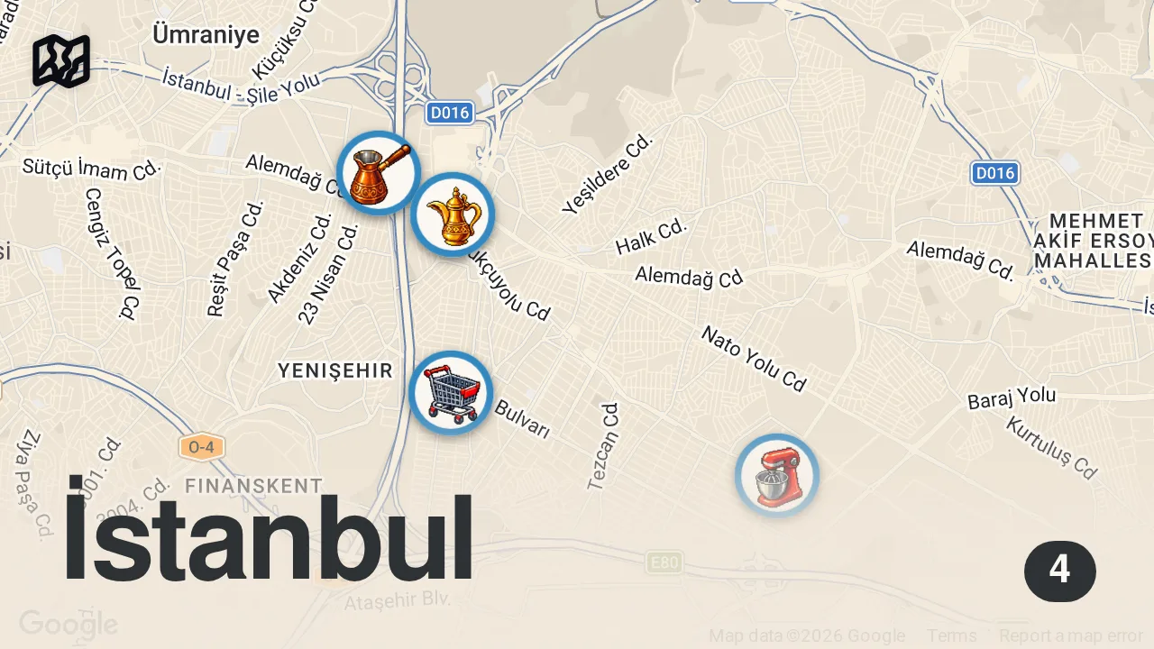 Map of 4 spots from ÜMRANİYE LEZZET REHBERİ (Erzincan kahvaltısı, eli böğründe, döner, kilis tava) - Ayaküstü Lezzetler