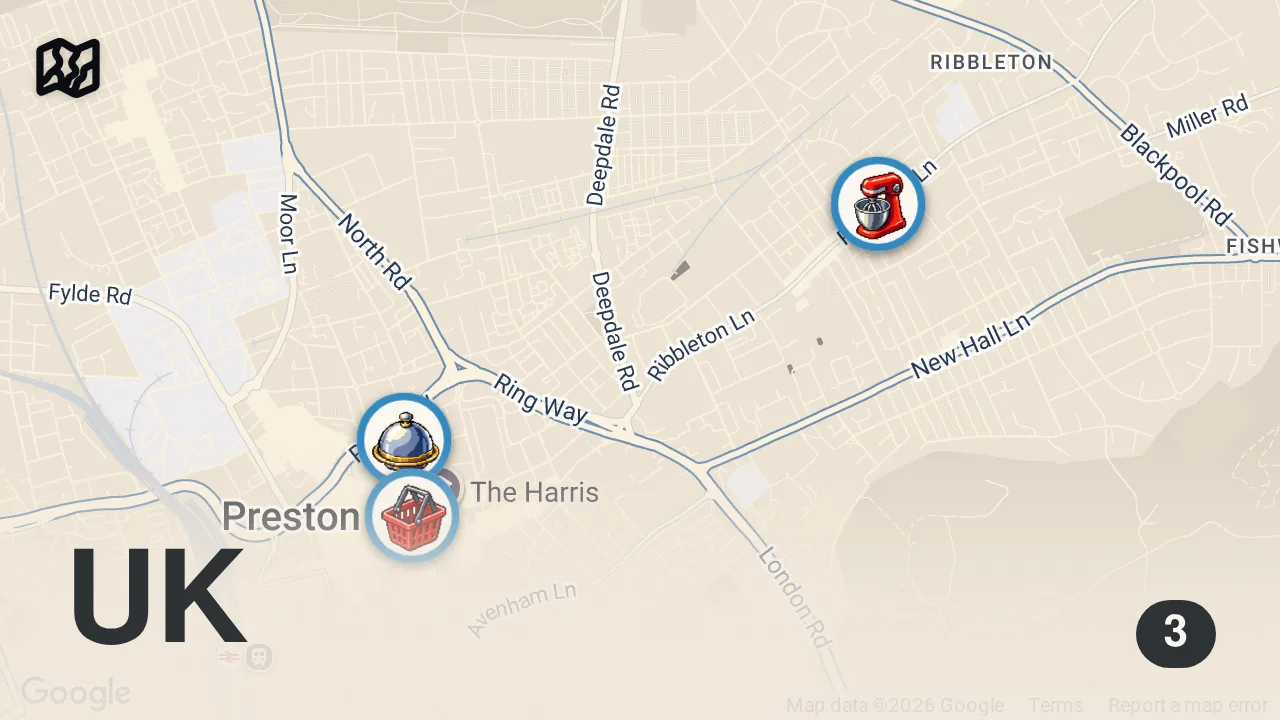 Map of 3 spots from Food in Preston is absolutely PHENOMENAL