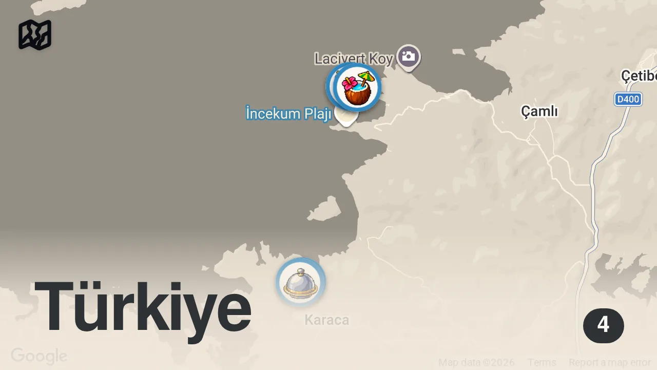 Map of 4 spots from BİR ROTA HİKAYESİ: Sedir Adası & Karacasöğüt | Aslan balığı, Kleopatra plajı, kıymalı yumurta