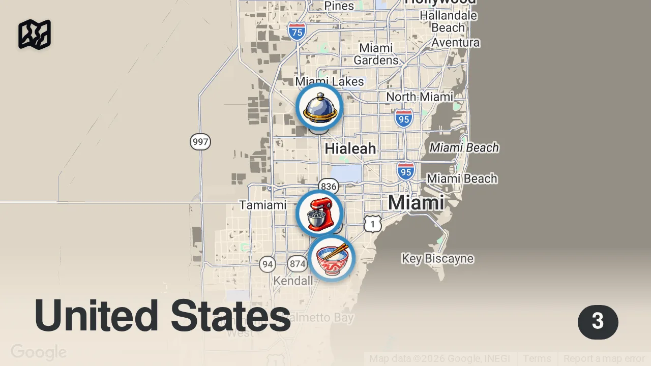 Map of 3 spots from Trying Popular Latin Fast Food Chains For The First Time (Miami)
