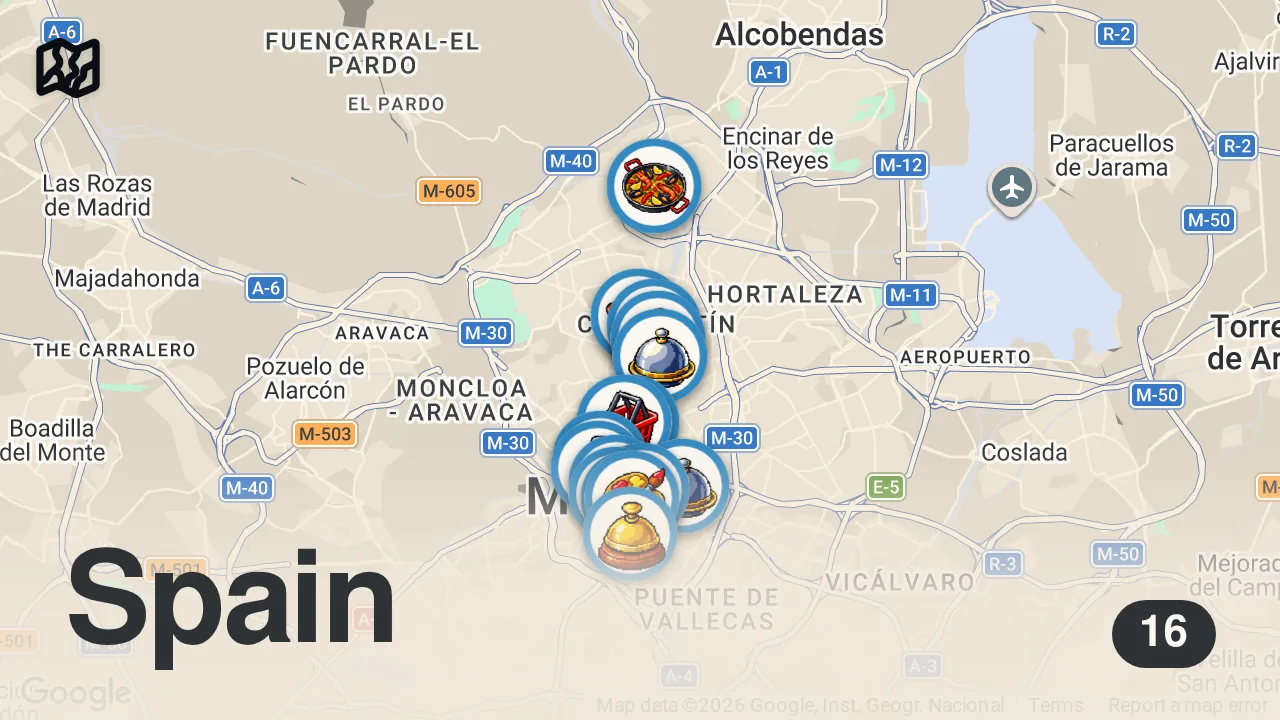 Map of 16 spots from Madrid : Dünyanın En İyi 3 Gastronomi Kentinden Biri