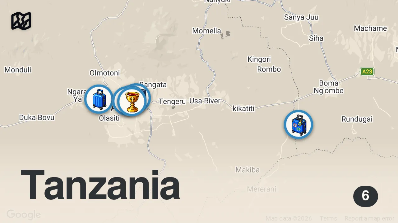 Map of 6 spots from Extreme Hustle Culture Nobody Prepares You For In Arusha, Tanzania ๐น๐ฟ (first impressions)