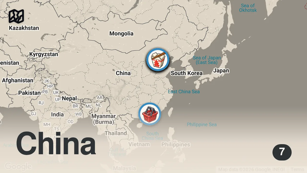 Map of 7 spots from Chinese Street Food 🇨🇳 BEIJING #1 Peking Duck + HALAL Hotpot + RURAL Market Tour in China