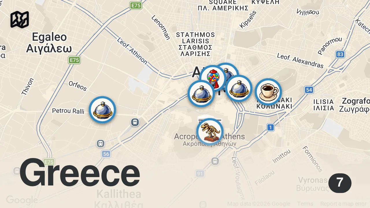 Map of 7 spots from 48 HOURS Greek Street Food in ATHENS Like Never Seen Before! 🇬🇷