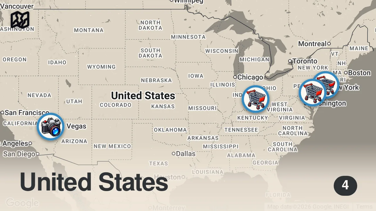 Map of 4 spots from Testing America's Weirdest Grocery Stores