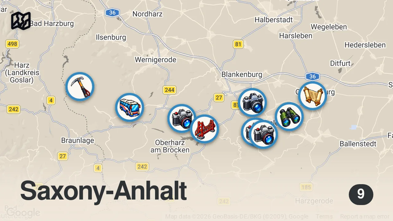 Map of 9 spots from Einmal quer durch den Harz: Zwischen Brocken, Schluchten und Zipline XXL