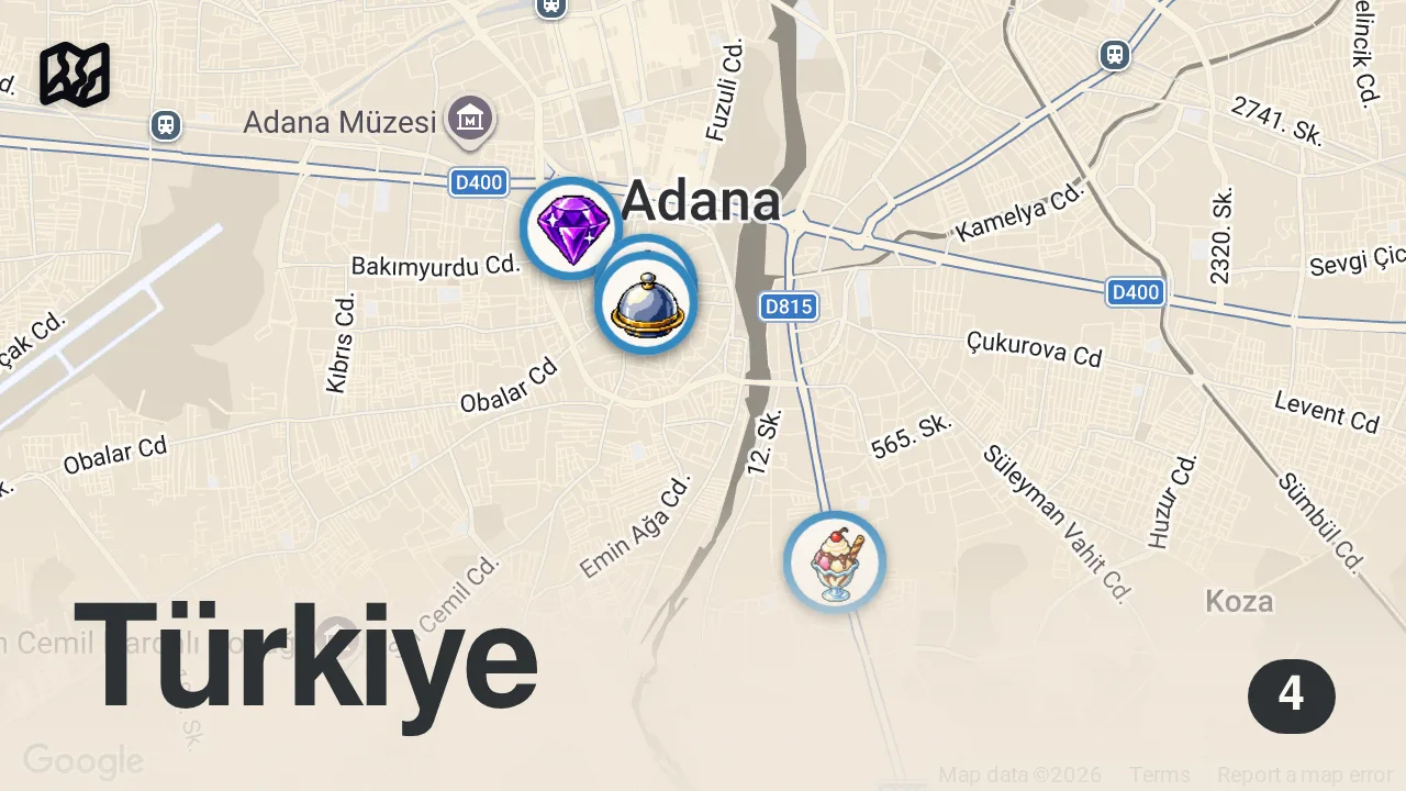 Map of 4 spots from Adana’nın Tarihi Mekanları Part-1 Reklam