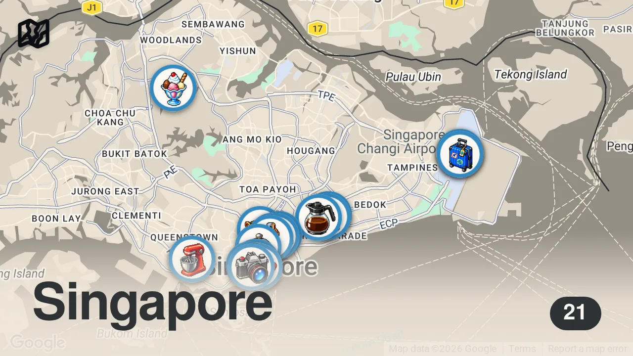 Map of 21 spots from 2026 SINGAPORE Food Guide | 28 Must-Eats w/ Prices! 🇸🇬