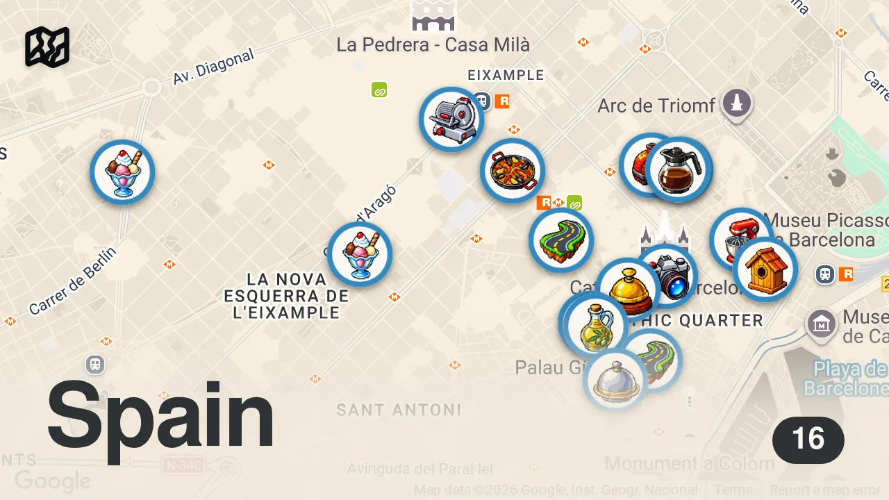 Map of 16 spots from BARSELONA LEZZET REHBERİ! Tapasçılar, pazarlar ve gizli lezzetler – Oğuz Yenihayat