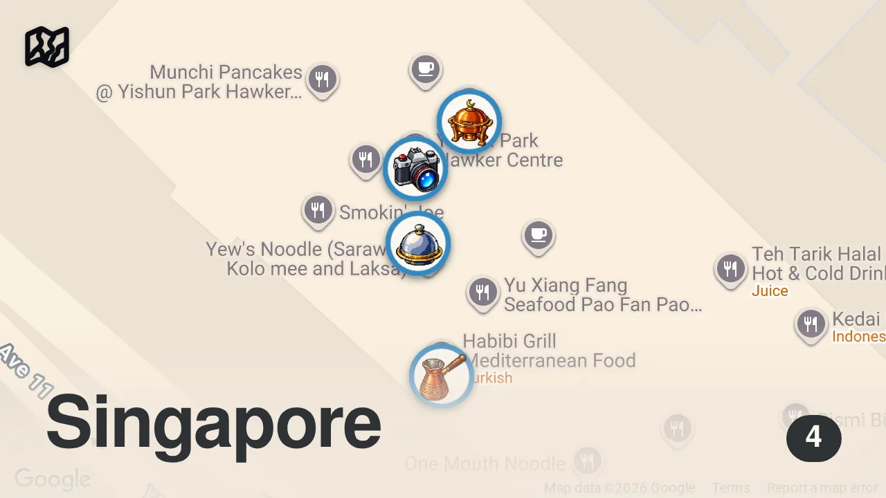 Map of 4 spots from I Tested Singapore’s BEST-RATED Nasi Lemak