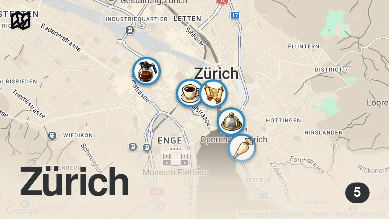 Map of 5 spots from ZÜRİH YEME İÇME REHBERİ: Röşti, Kruvasan, Artizan Çikolata, Şahane Konser | Oğuz Yenihayat