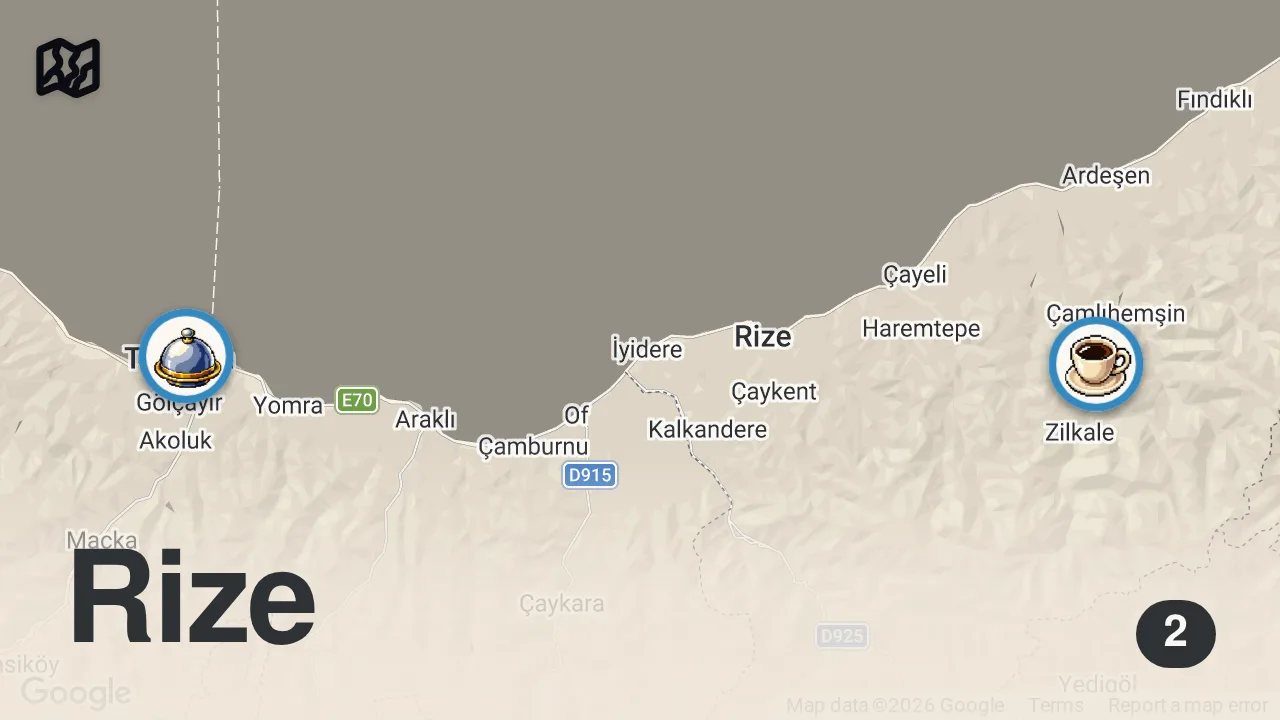 Map of 2 spots from Trabzon Kuymak vs Rize Muhlama Hangisi Daha İyi? Kuymak #Muhlama #KaradenizLezzetleri