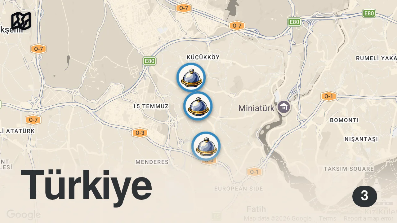 Map of 3 spots from EXTREME STREET FOOD IN ISTANBUL, TURKEY - CRAZY LAMB HEAD + STREET FOOD TOUR IN ISTANBUL, TURKEY