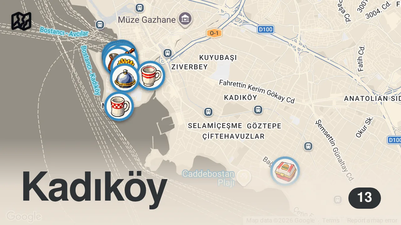 Map of 13 spots from KADIKÖY SAHİLDE BARBEKÜ YAPTIK! Kadıköy/Moda'nın farklı lezzet durakları tek videoda