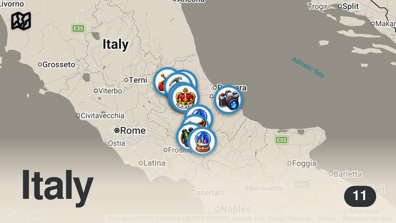 Map of 11 spots from Abruzzo: Top 5 Città e Luoghi da Visitare | 4K Guida di Viaggio