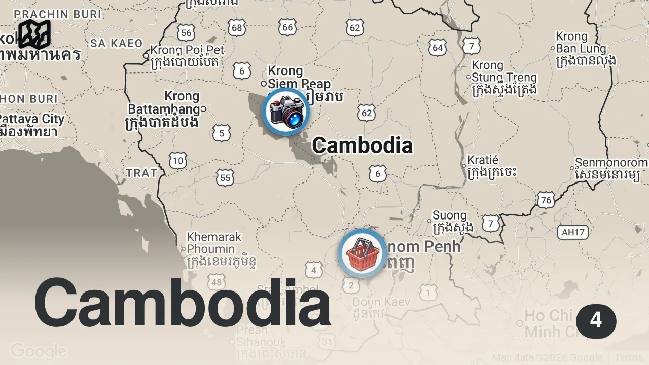 Map of 4 spots from Extremely Challenging Lives In The Floating Villages Of Cambodia - Kampong Phluk ๐ฐ๐ญ