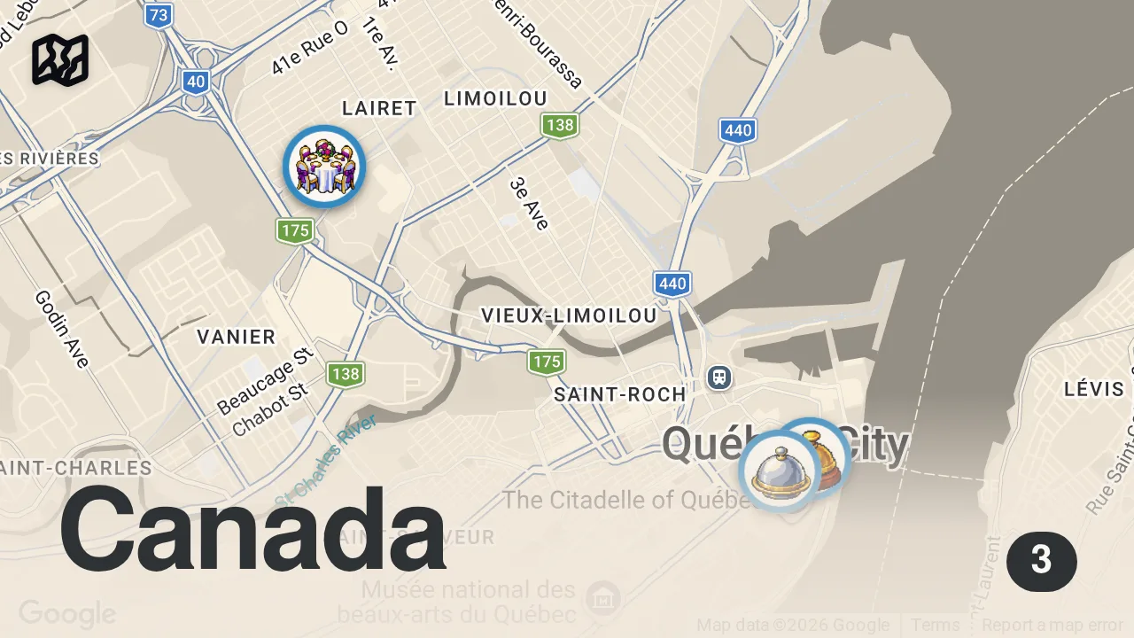 Map of 3 spots from QUEBEC CITY ICE CANOE RACES | TRAVEL VLOG #3