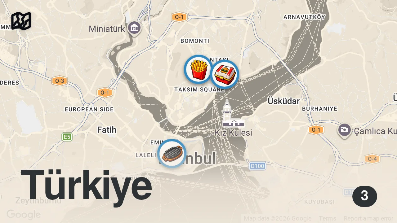 Map of 3 spots from EN PAHALI BURGERLERİ TEST ETTİM‼️ NUSRET ZULA AKALİ