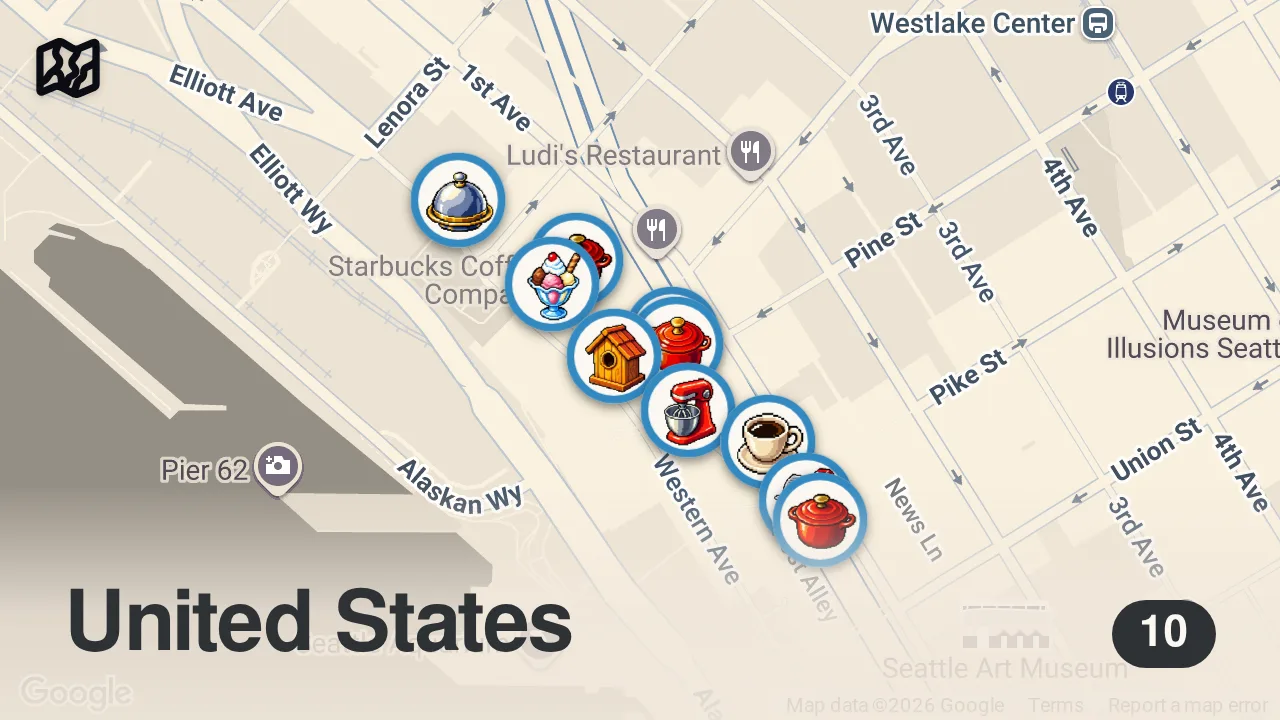Map of 10 spots from 24 Hours Eating ONLY at PIKE PLACE MARKET in Seattle! 🐟🍎 | 9 Restaurant ULTIMATE Seattle Food Tour