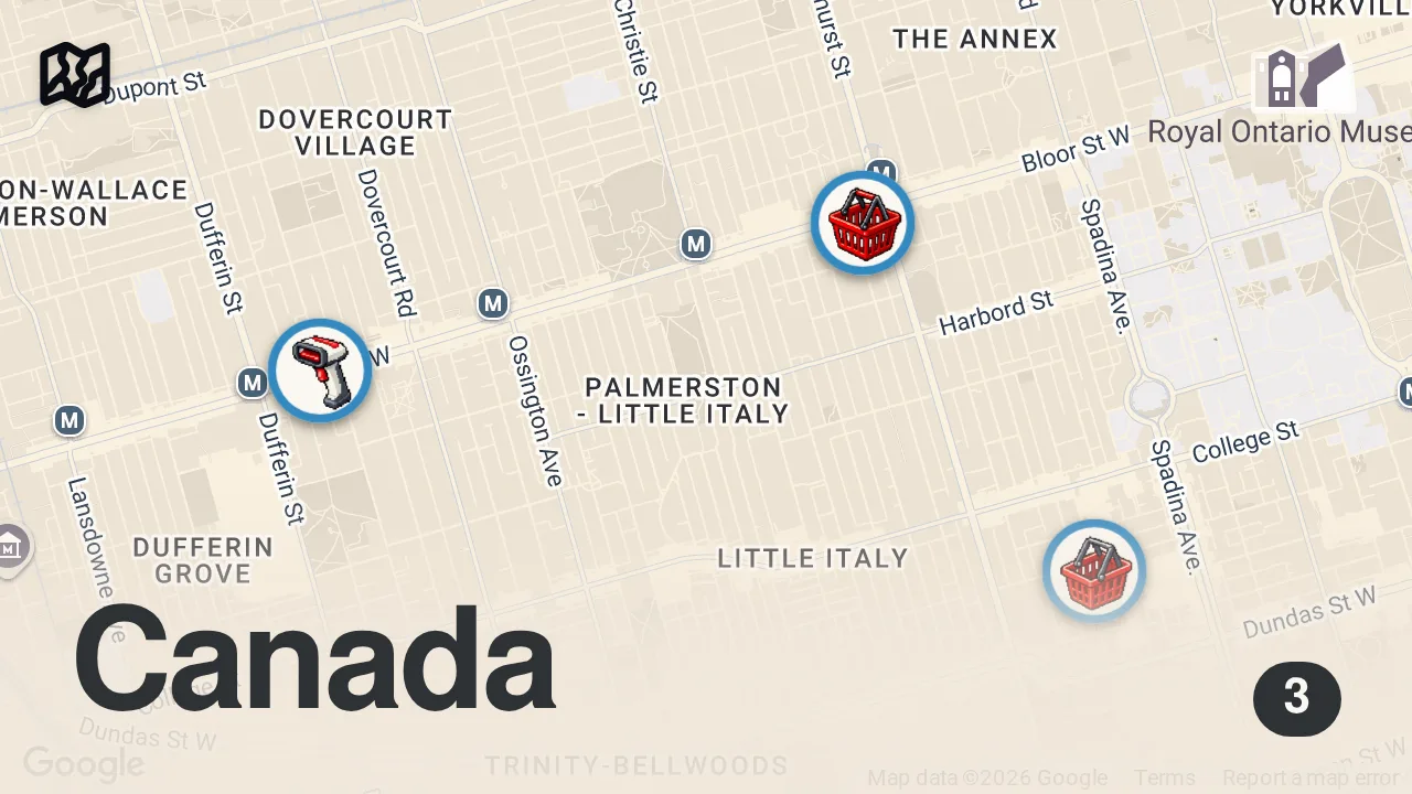 Map of 3 spots from TORONTO CANADA - KENSINGTON MARKET & CHINATOWN