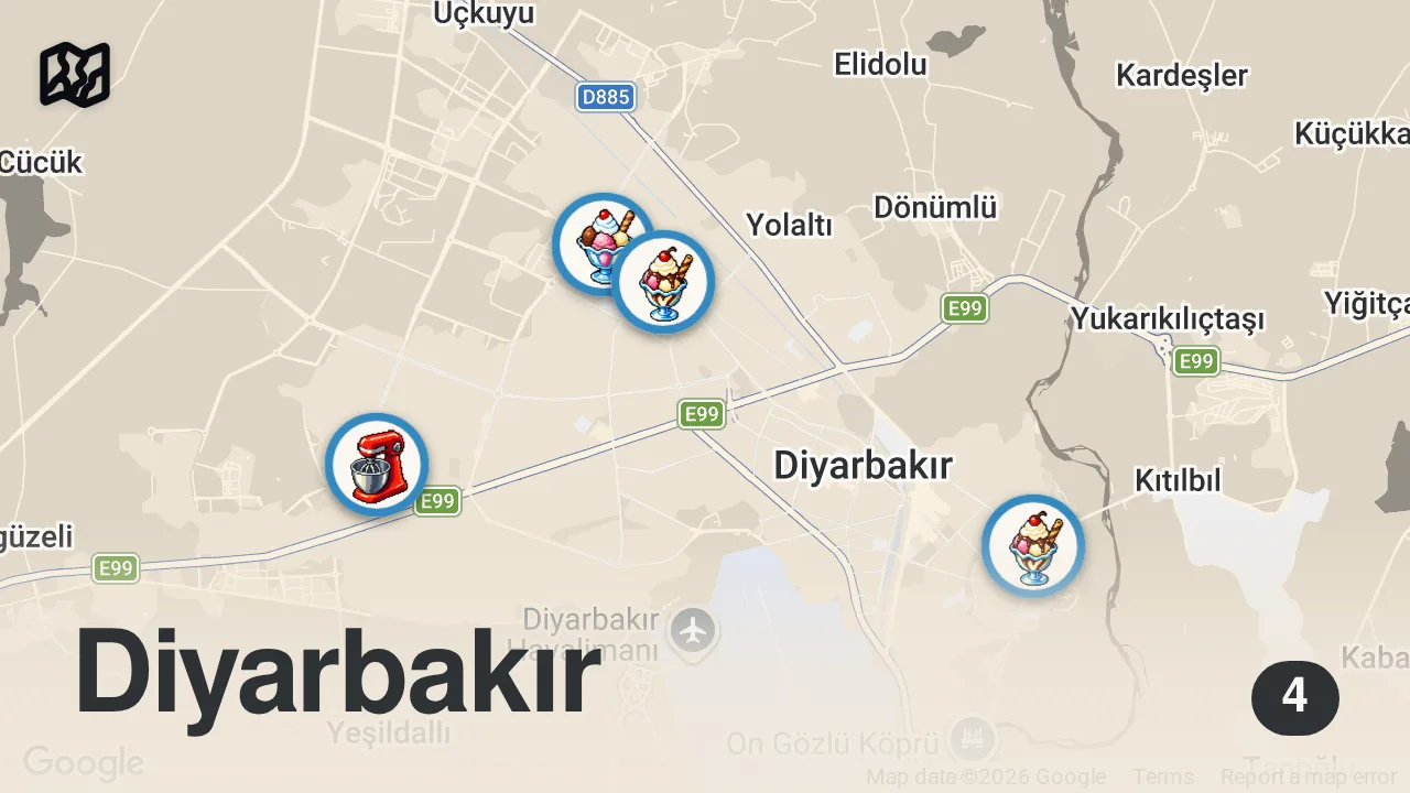 Map of 4 spots from #reklam Diyarbakır’da 3 Denemeniz Gereken Soğuk Baklava! #food #video #keşfet #shortvideo #viral