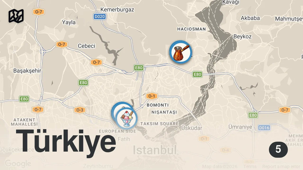 Map of 5 spots from İstanbul Vlog | Döner, Tokat kebabı, tavuk göğsü, güveç - Ayaküstü Lezzetler