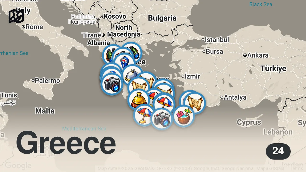 Map of 24 spots from 🇬🇷 GRIECHENLAND Dokumentation | 227 Inseln, die kein Tourist kennt | 4K