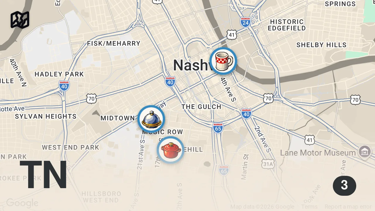 Map of 3 spots from $100 Food Challenge Nashville's BIGGEST Food Court...