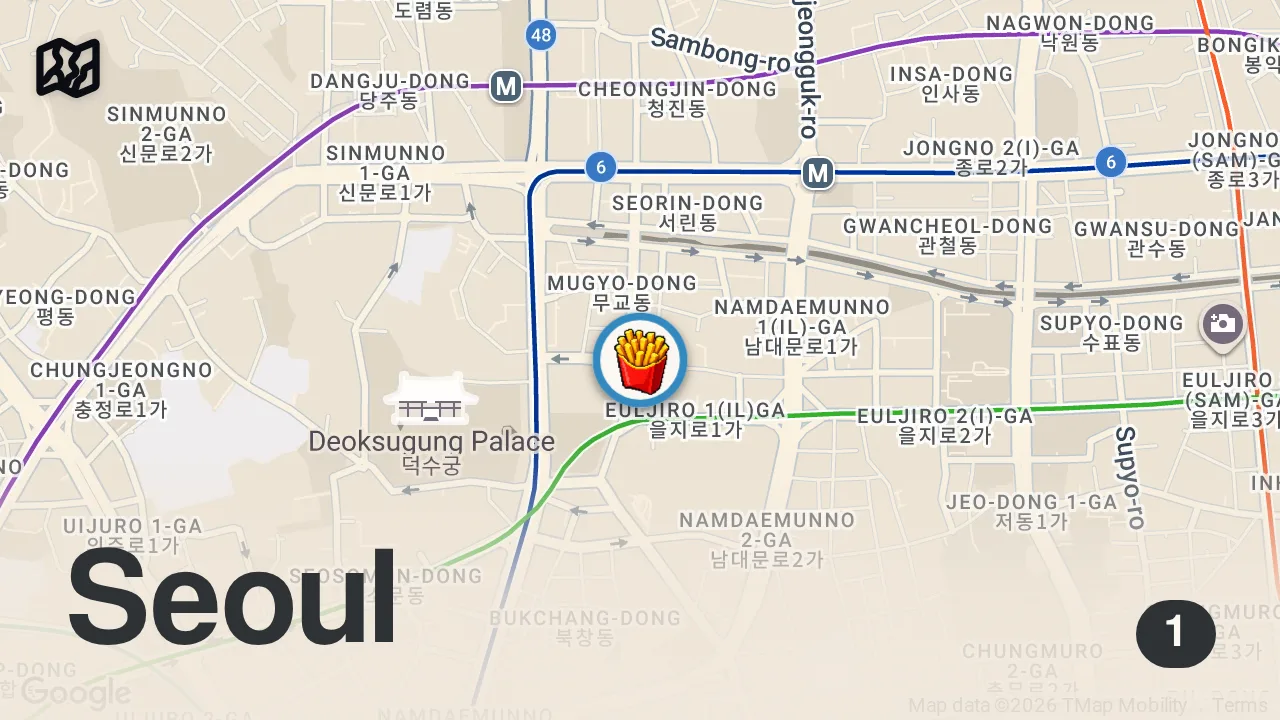 Map of 1 spot from Trying Korea's #1 Fast Food Chain! (Mom's Touch)