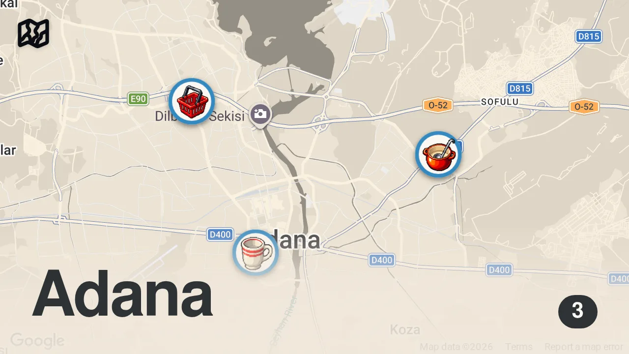 Map of 3 spots from Adana’da bir günde denemeniz gereken Doyurucu Tatlar! Kahvaltıda denemeniz gereken lezzetler.