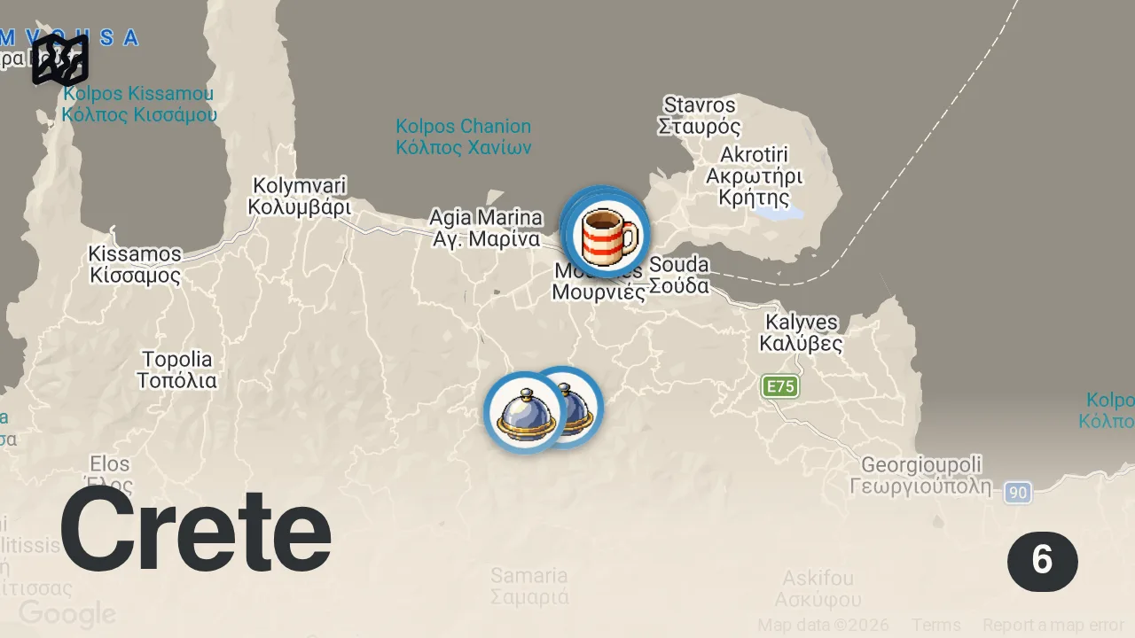 Map of 6 spots from 24 Hours In CRETE - Ultimate Greek Food Tour of Chania 🇬🇷