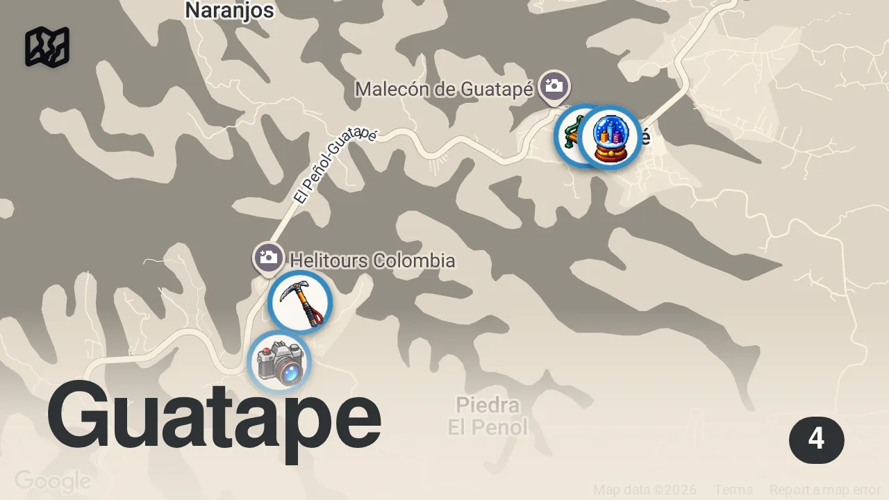 Map of 4 spots from Day Trip to Guatape, Colombia: El Penol and Street Food! 🇨🇴