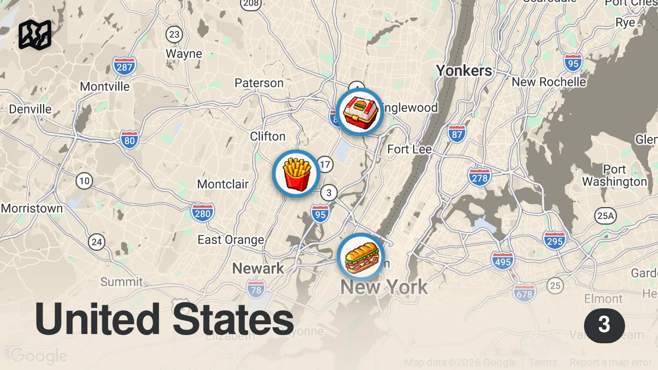 Map of 3 spots from 5 New Jersey Sandwiches to Eat Before You Die | Condé Nast Traveler