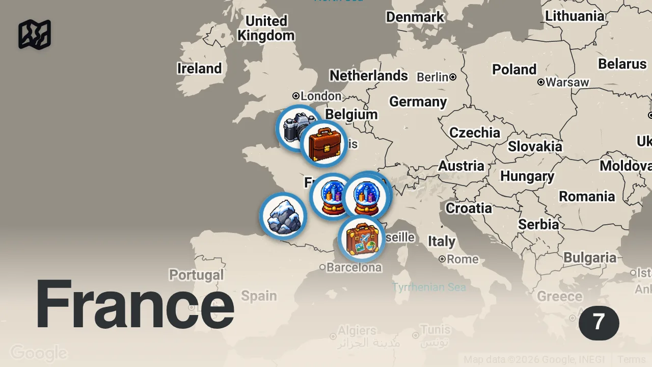 Map of 7 spots from 60 Minutes de français - 14 Discussions pour Améliorer votre Compréhension orale (Compilation)