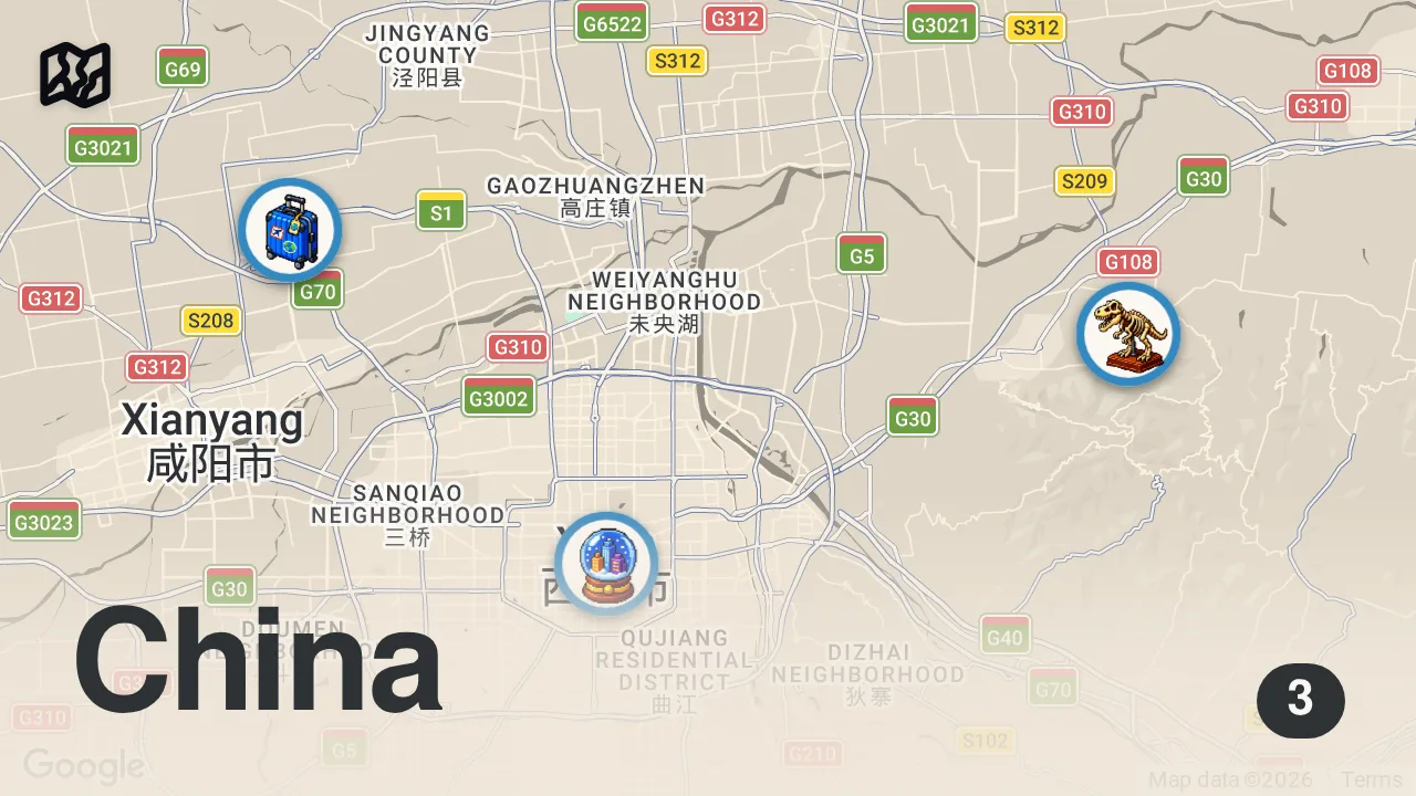 Map of 3 spots from Best CHINESE Street Food!! 27 Meals - Ultimate China Food Tour!! 🇨🇳 [Full Documentary]