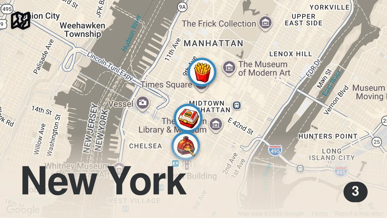 Map of 3 spots from Amerikada New Yorkta Gece Lezzetleri 🇺🇸 #1