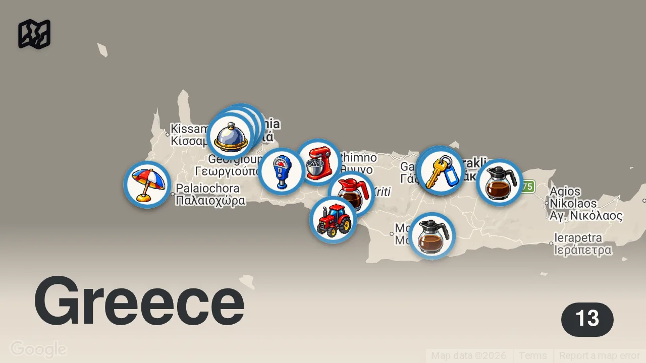 Map of 13 spots from 50 Must Try GREEK FOODS in CRETE 🇬🇷 Best BBQ Lamb + SEAFOOD Paradise + INSANE Meze