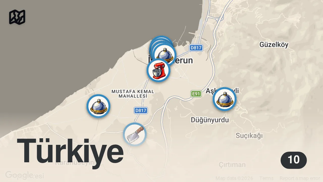 Map of 10 spots from İSKENDERUN'DA BİR GÜNDE NE YENİR!!! @ilkerbilen