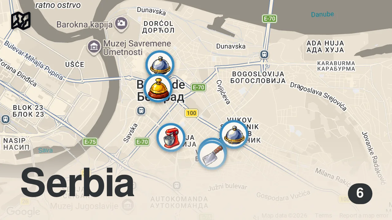 Map of 6 spots from 24 Hours SERBIAN STREET FOOD in Belgrade - Is This The BEST Food City in The Balkans?
