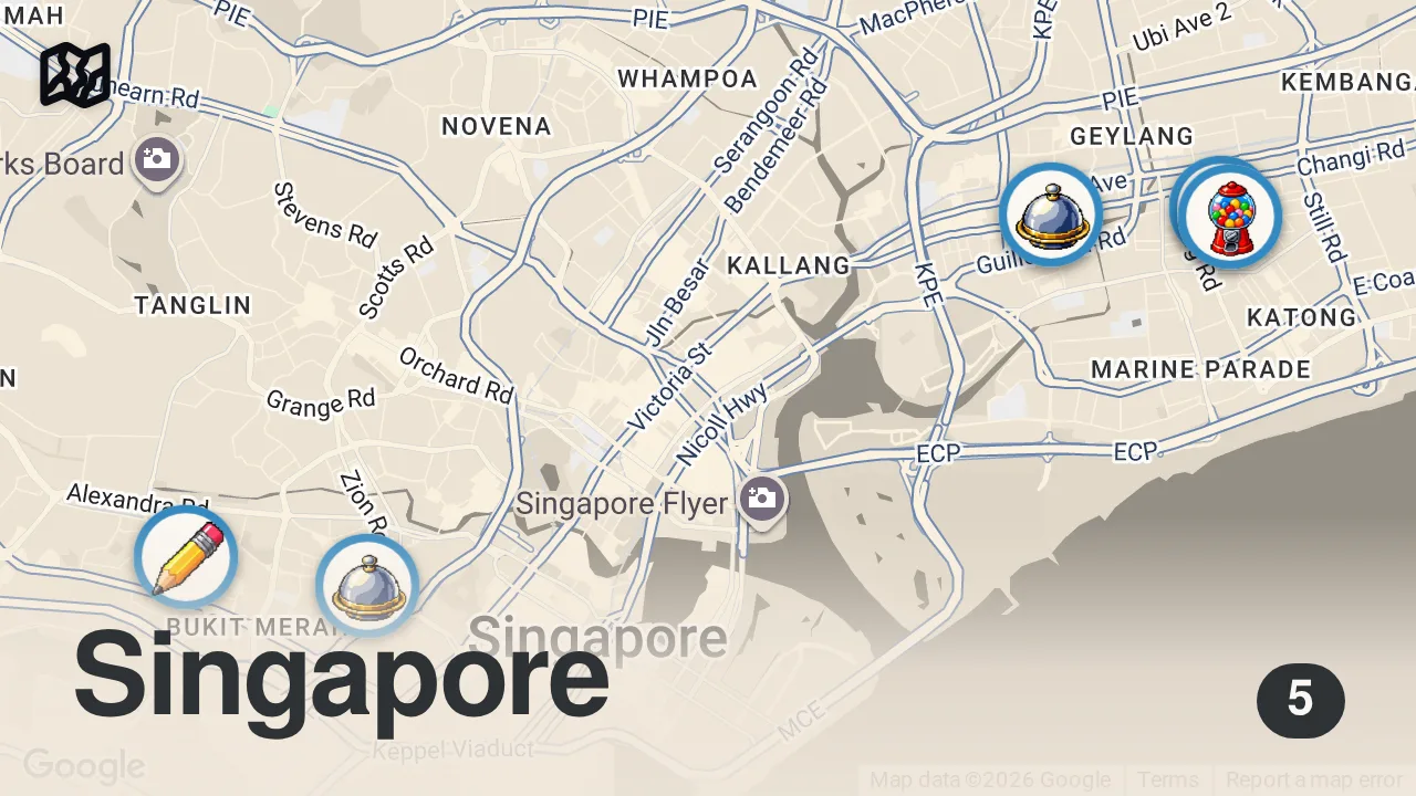 Map of 5 spots from Street Food Singapore!! 5 Hawker FOODS INVENTED in Singapore - with KF Seetoh!