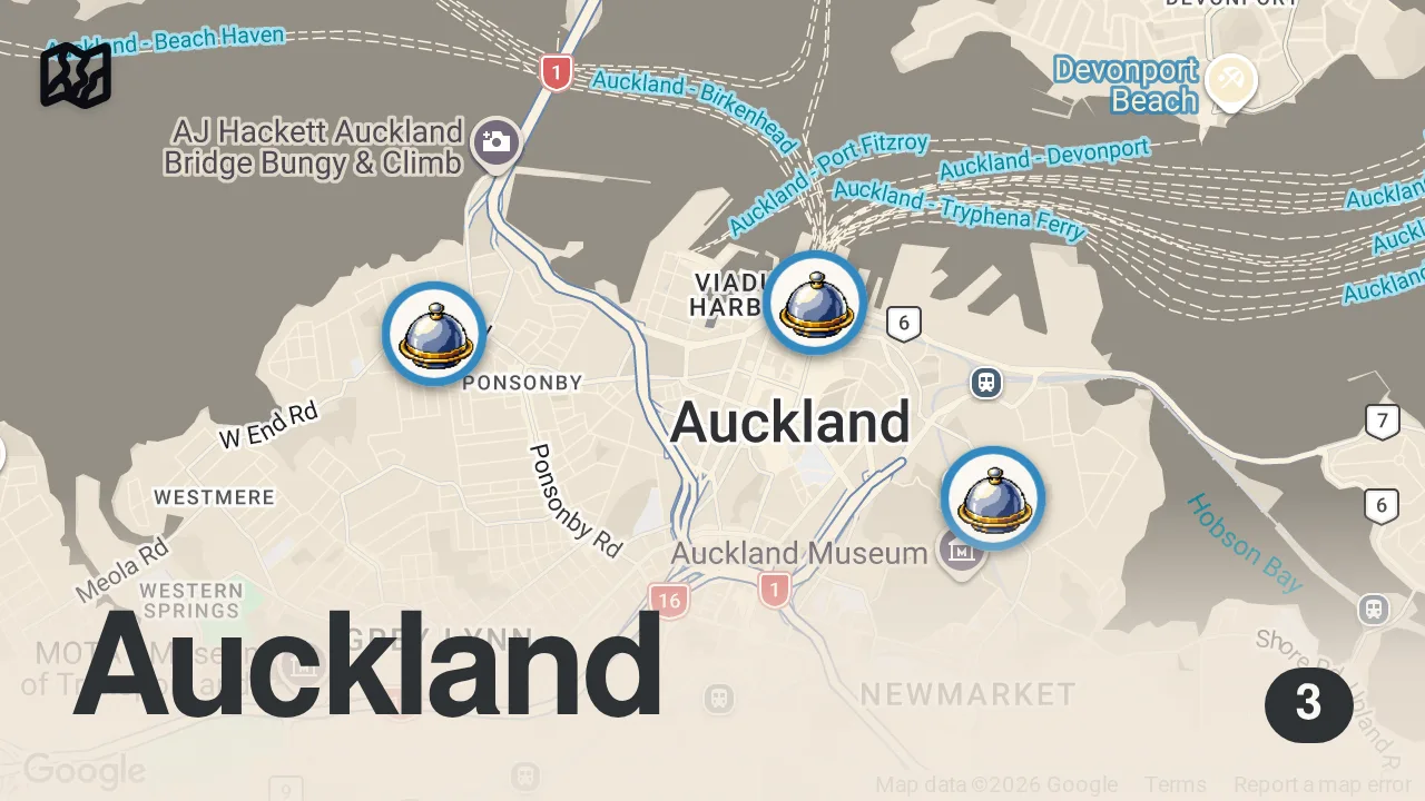 Map of 3 spots from Understand Auckland’s Michelin Star restaurans in less than 2 minutes 🌟