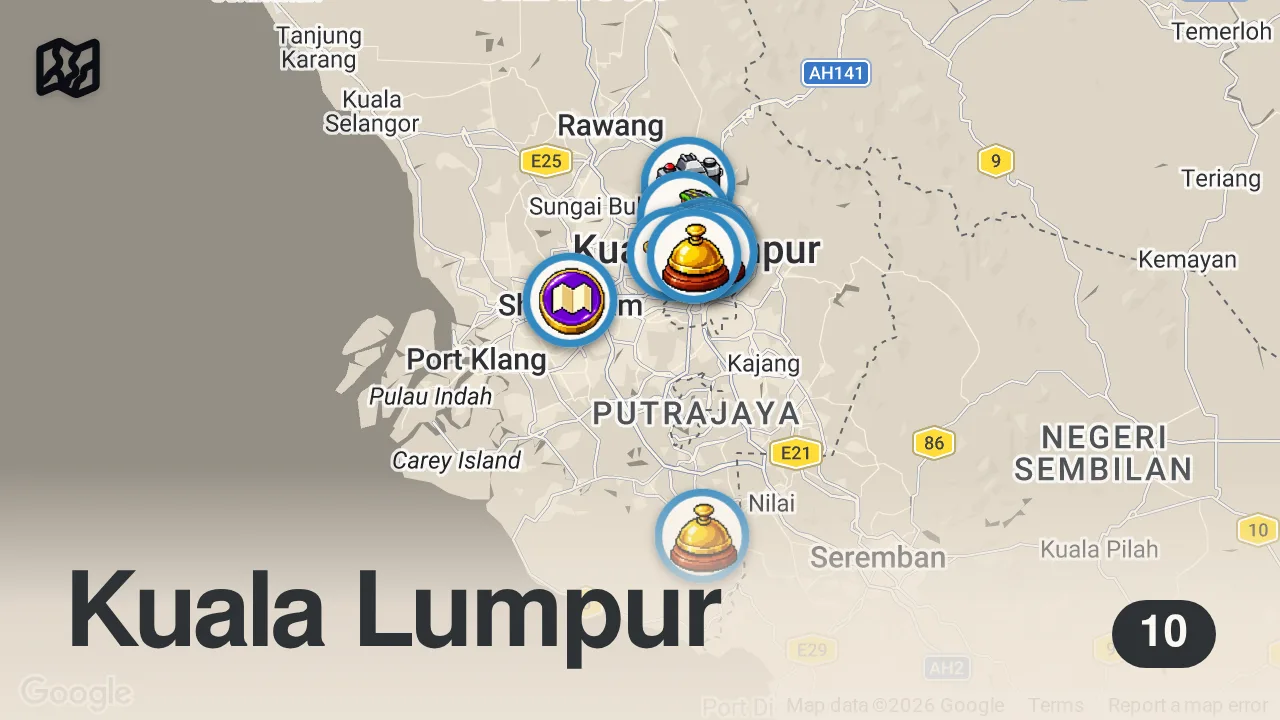 Map of 10 spots from 30 BEST Things to do in Kuala Lumpur Malaysia 🇲🇾