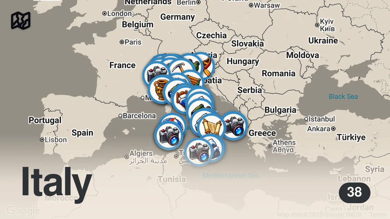 Map of 38 spots from 26 Paesaggi Naturali da Vedere in ITALIA nel 2026